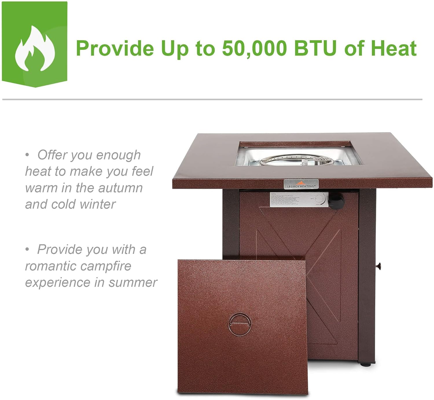 28 Inches Square Outdoor Propane Fire Pit Table – 50,000 Btu, Brown Texture, Burgundy Lid, Lava Rocks, Etl Certified – Patio, Courtyard, Balcony (1 Doors)