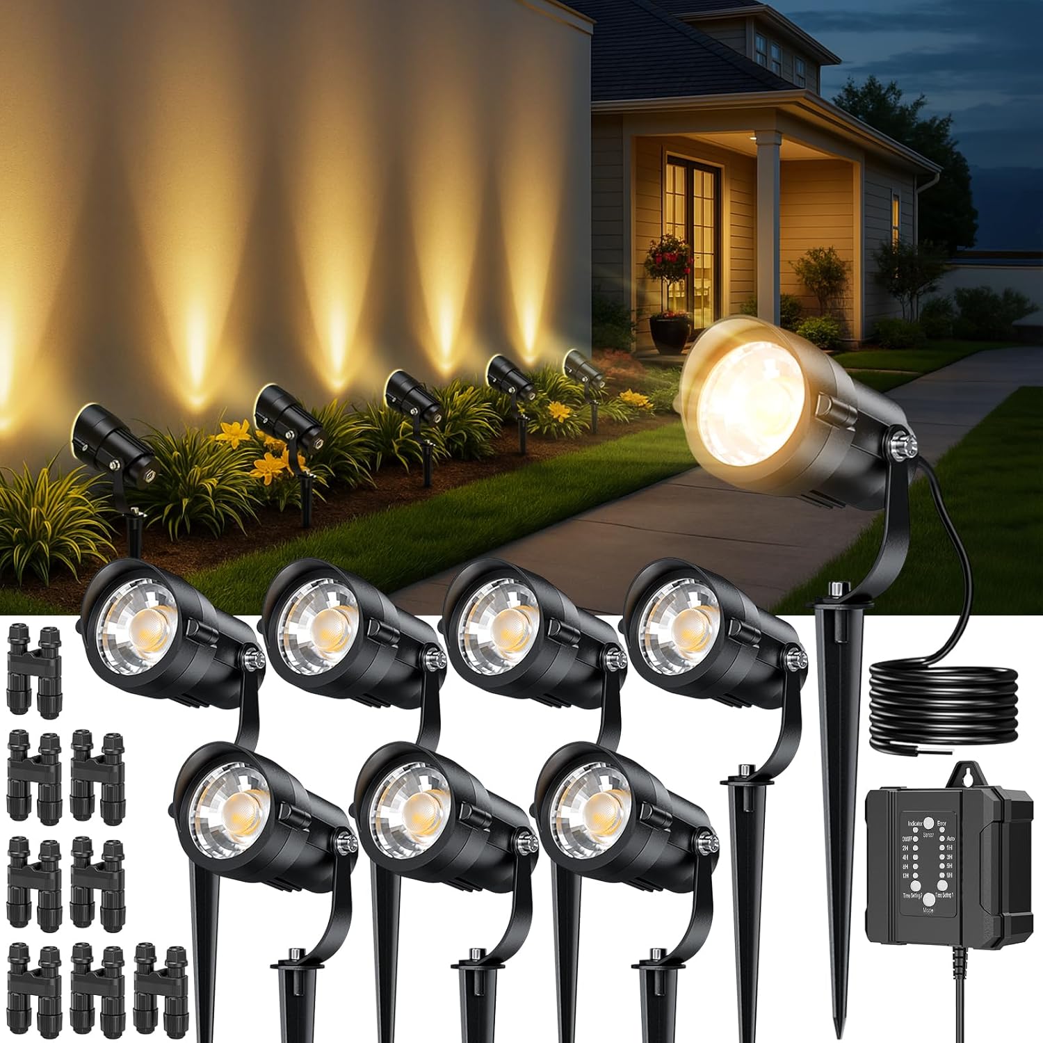 HIBOITEC Low Voltage Landscape Lighting 12W with Connectors 100W Transformer Photocell Sensor and Timer Spotlights Landscape Lights Kit IP65 Waterproof 2900K for House Yard Trees 8 Packs