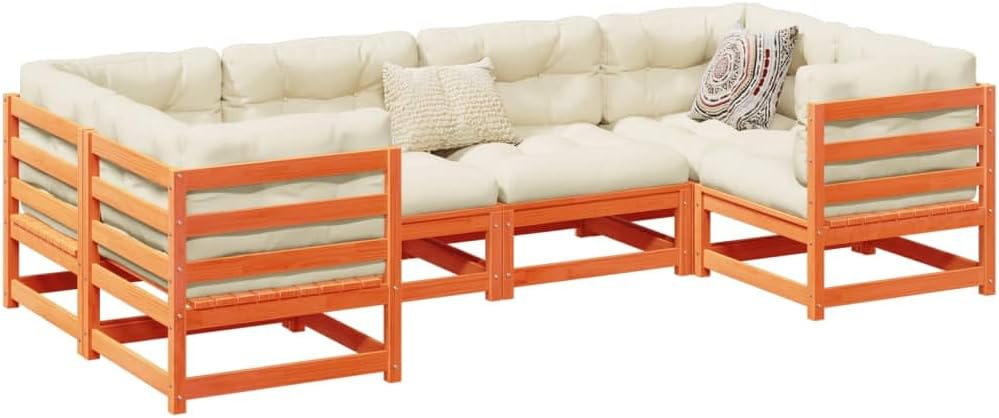 Garden Sofa Set, Wax Brown Solid Pine Wood, 6 Piece Modular Outdoor Patio Furniture, Weather-Resistant Cushions for Balcony, Terrace, and Deck