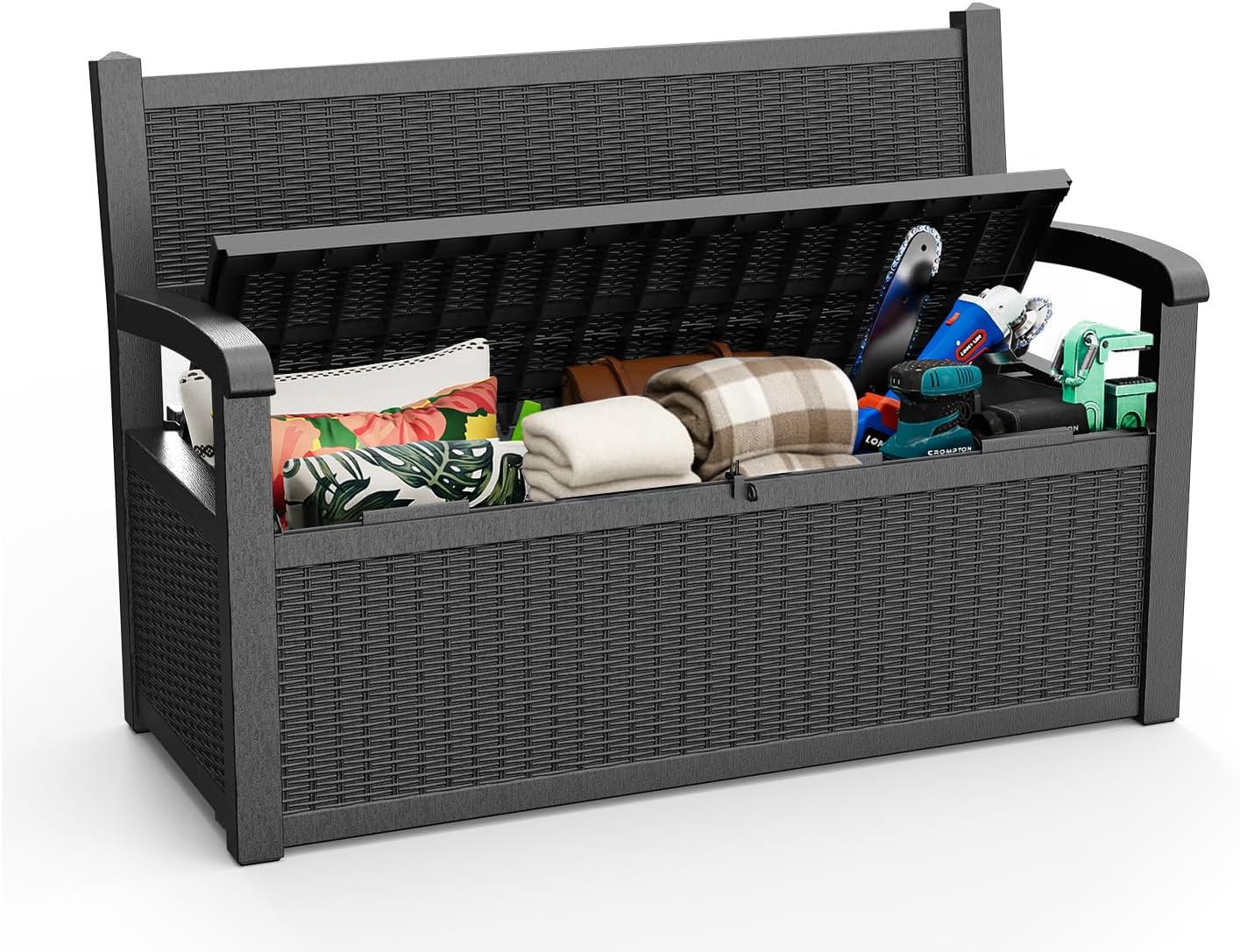 ROJIK 80 Gallon Storage Bench Deck Box Outdoor with Armrests,Storage Furniture Waterproof Lockable for Porch Patio and Garden (Black)