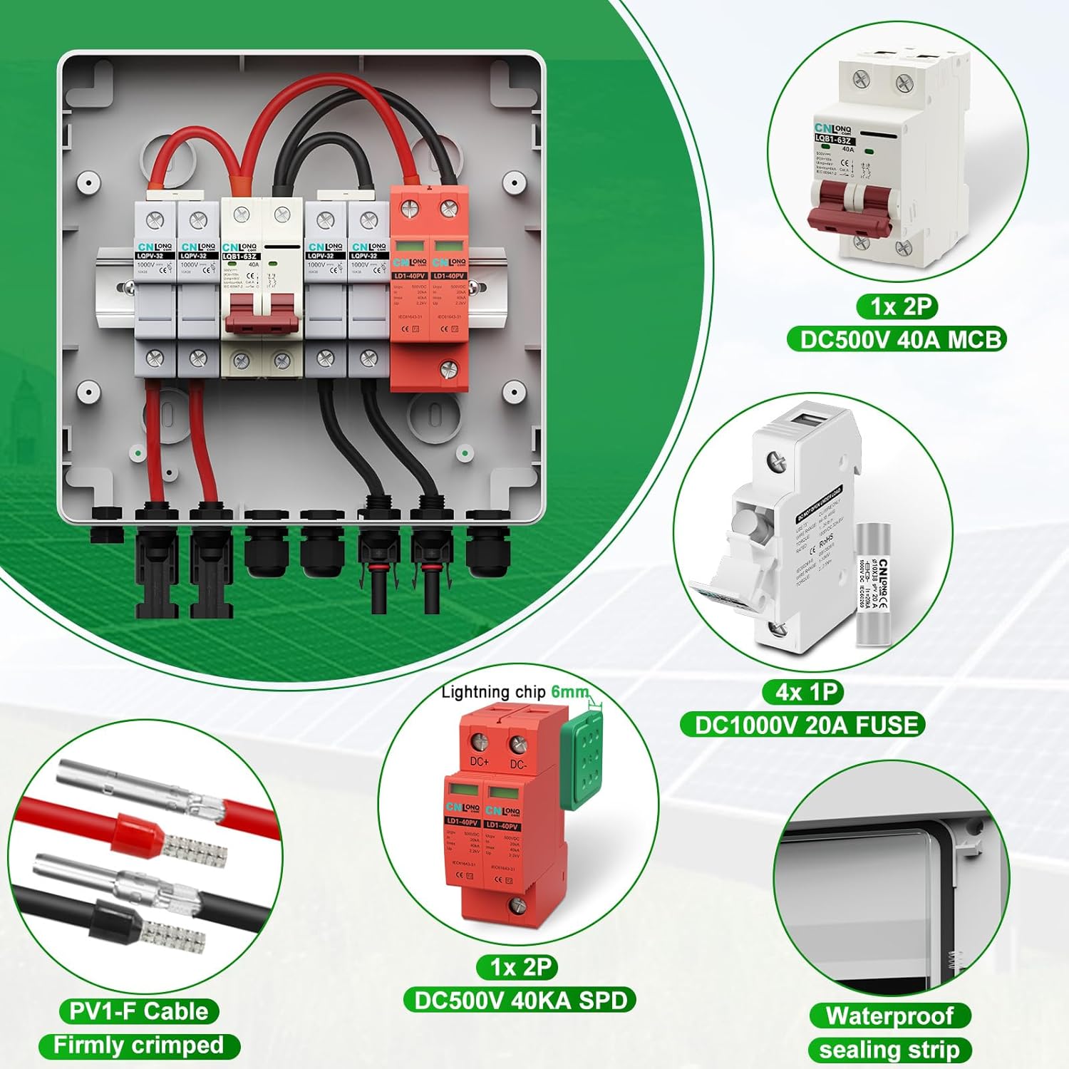 2 String Solar PV Combiner Box & 10pcs Fuse Link 20A 1000V DC IP65 2 in 1 Out DC500V 40A Circuit Breaker with Surge Protector and 20A PV Fuse,Solar Disconnect Switch Outdoor Waterproof for Solar Panel