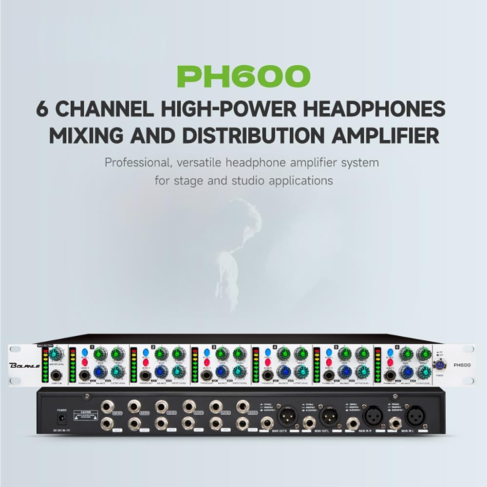 Bolanle PH6000 6-Channel Headphone Mixing Distribution Amplifier High-Power Headphone Amplifier 3.5mm & 6.35mm Jacks