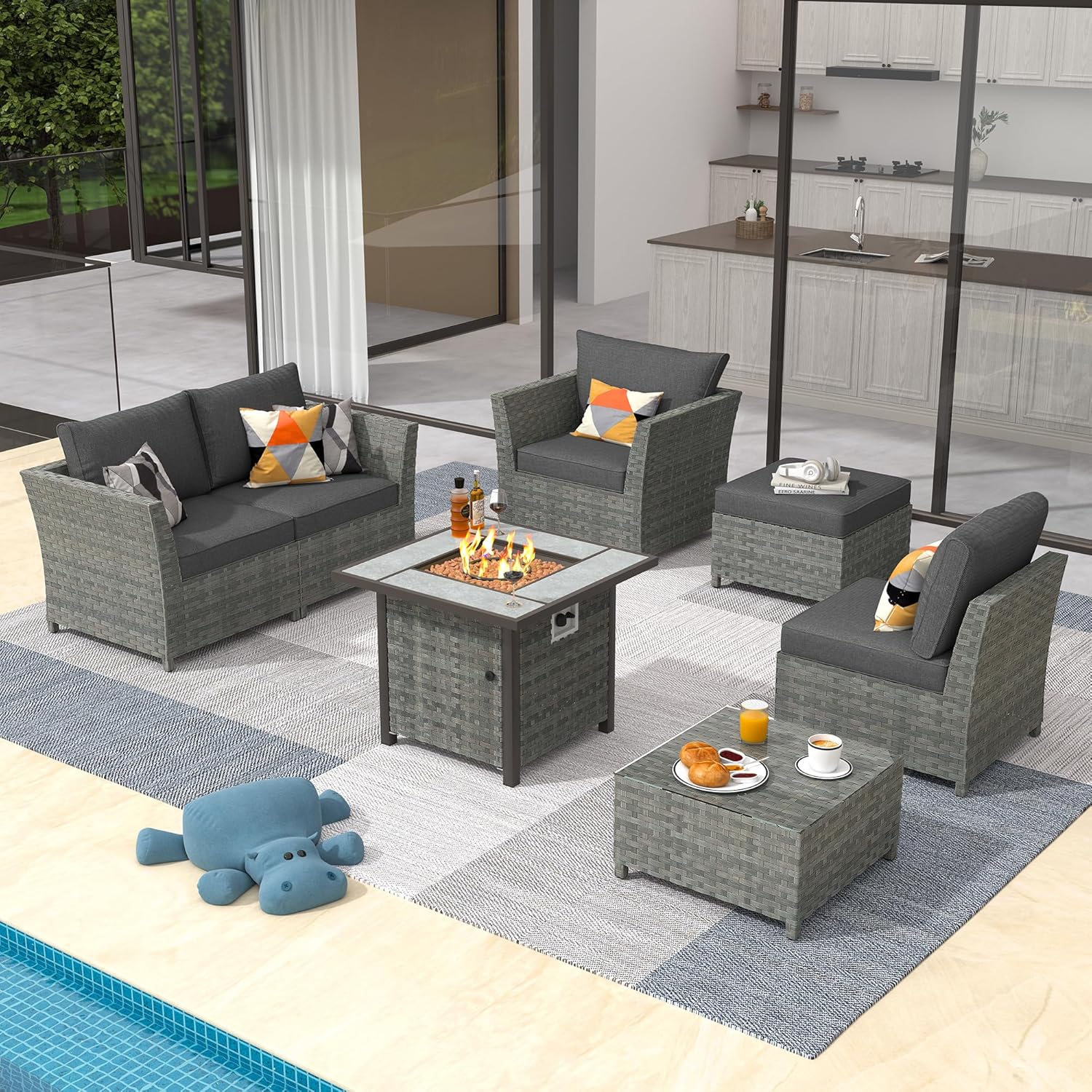7 Pieces Outdoor Patio Furniture Set, Wicker Conversation Sectional Set with 30 Inch Gas Propane Fire Pit Table and Thickened Cushions (Black)