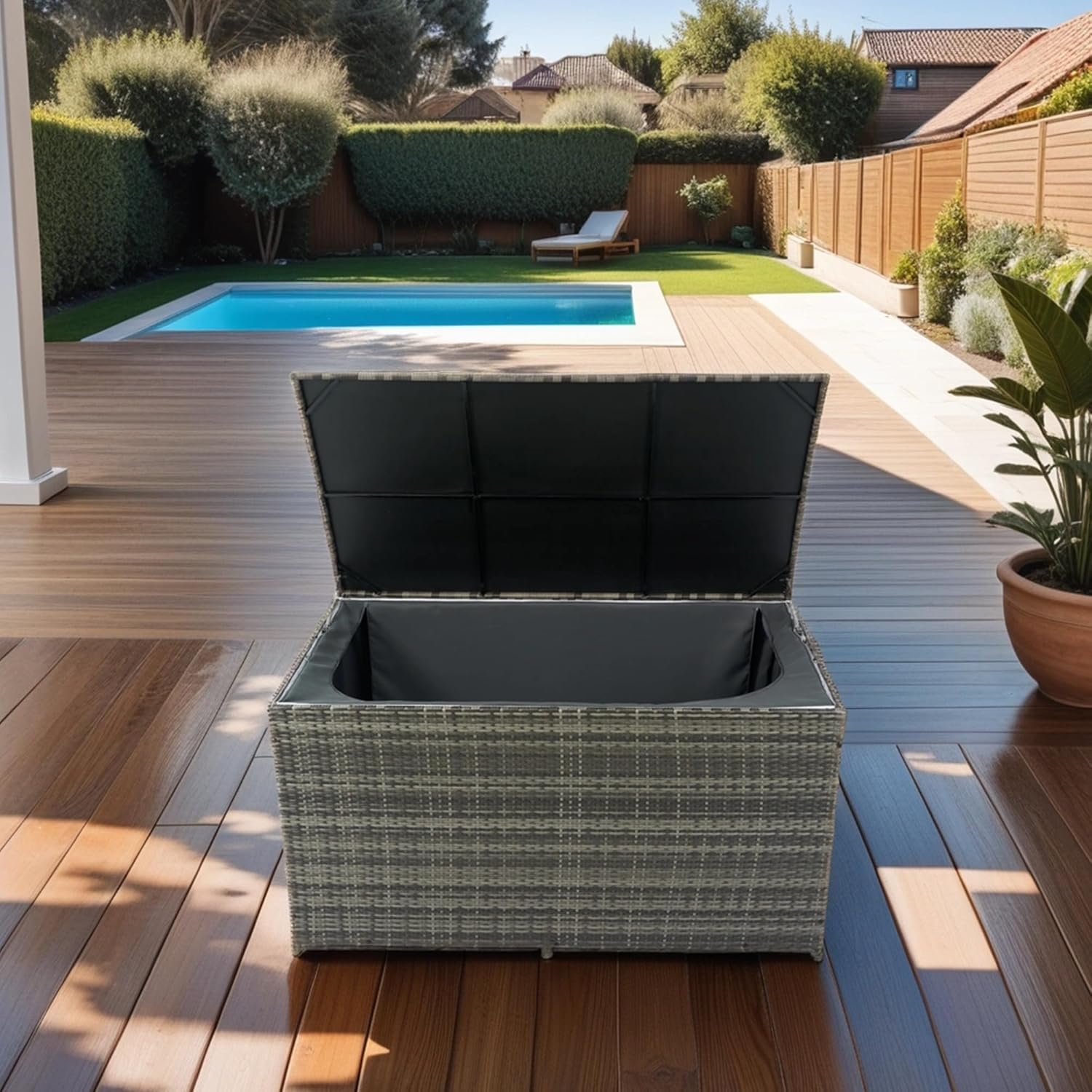 Outdoor Storage Box, 200 Gallon Wicker Patio Deck Boxes with Lid, Outdoor Cushion Storage for Kids Toys/Pillows/Towel, Grey Wicker