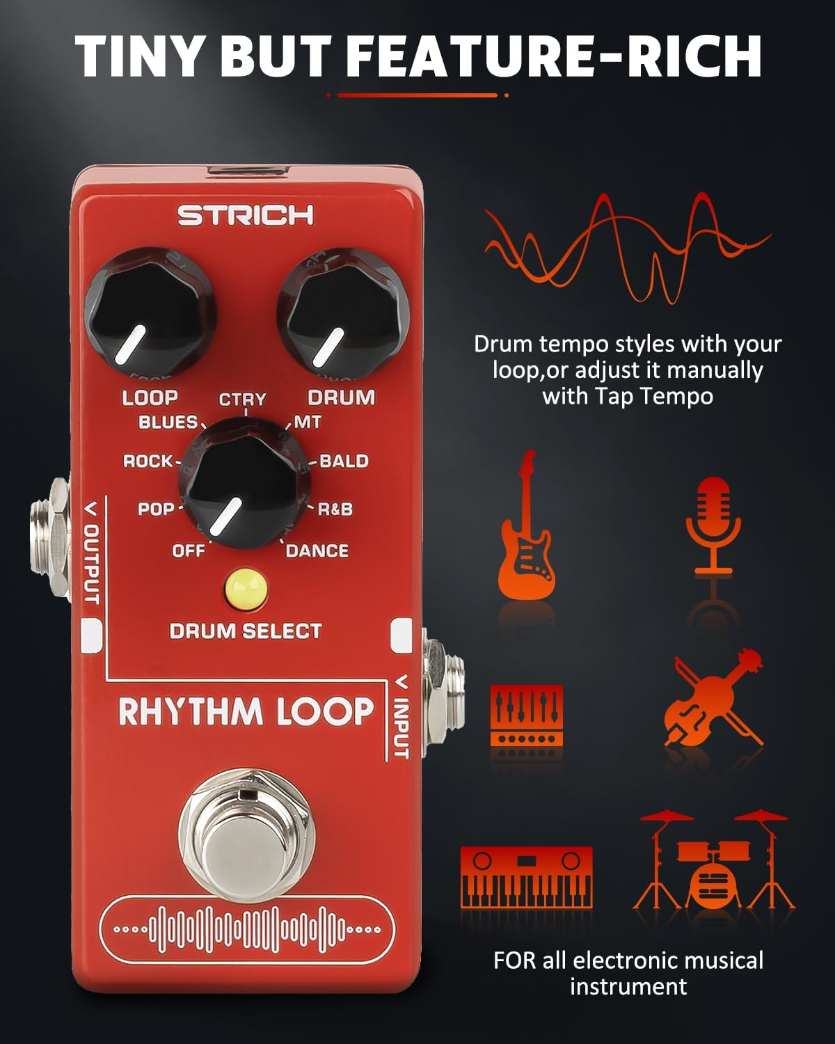 STRICH SL-03 Rhythm Loop Guitar Pedal 360s Phrase Looper (Unlimited Overdubs), Stereo Looper Pedal Guitar Pedal with Built-in Drum Machine, 100 Diverse Drum Patterns, 160 Minutes Recording Time