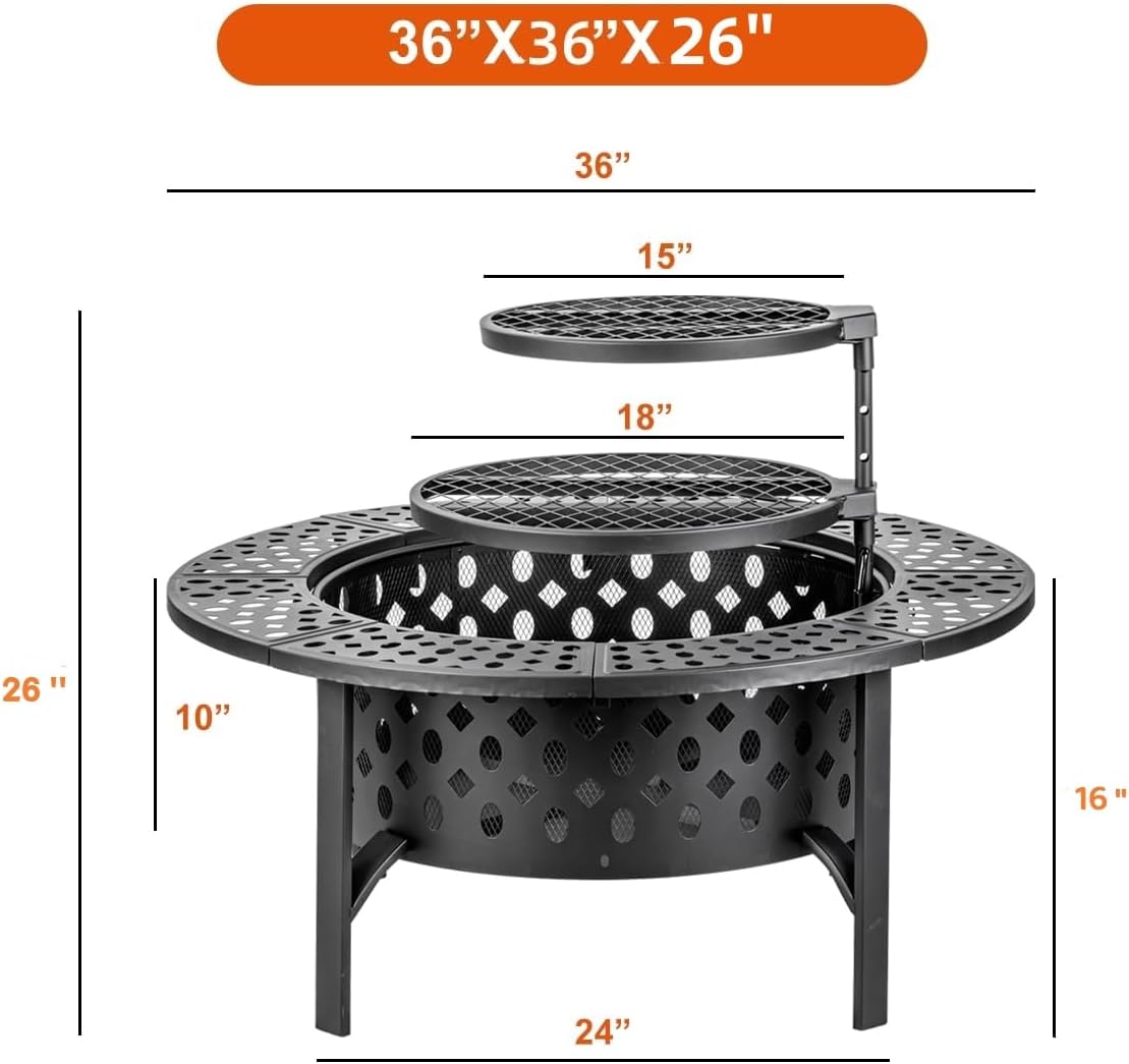 36 Inch Fire Pit with 2 Grills, Wood Burning Fire Pits for Outside with Lid, Poker and Round Waterproof Cover, BBQ& Outdoor Firepit & Round Metal Table 3 in 1 for Patio, Picnic, Party (BLACK 36 inch)