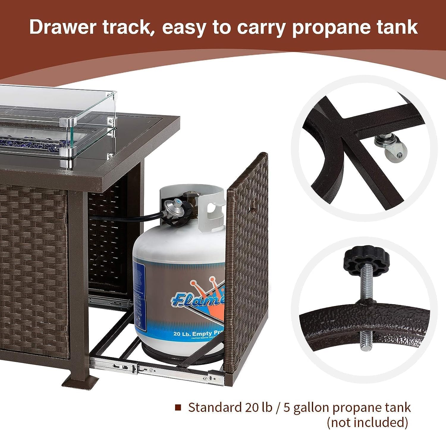 U-MAX 44in Outdoor Propane Gas Fire Pit Table, 50,000 BTU Auto-Ignition Gas Firepit with Glass Wind Guard, Black Tempered Glass Tabletop & Blue Glass Rock, Brown PE Rattan, CSA Certification