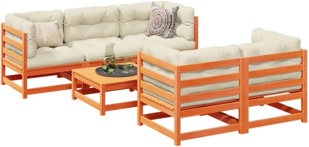 6 Piece Patio Sofa Set with Cushions Wax Brown Solid Wood Pine, Patio Furniture Sets, Outdoor Furniture