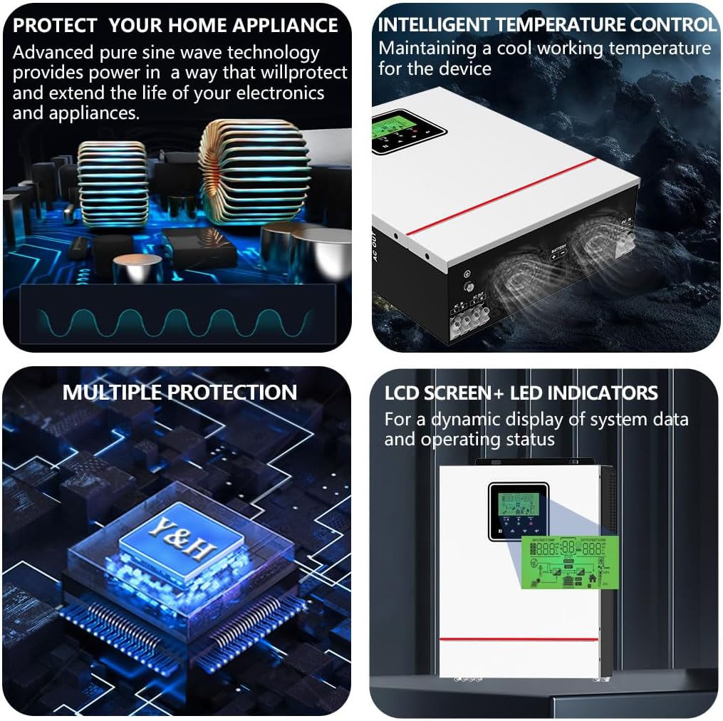 Y&H 1000W Solar Hybrid Inverter DC12V to AC230V, Off-Grid Pure Sine Wave Inverter with 40A MPPT Solar Charger Max PV 600W DC150V Input,fit for 12V Lead-Acid/Lithium Battery