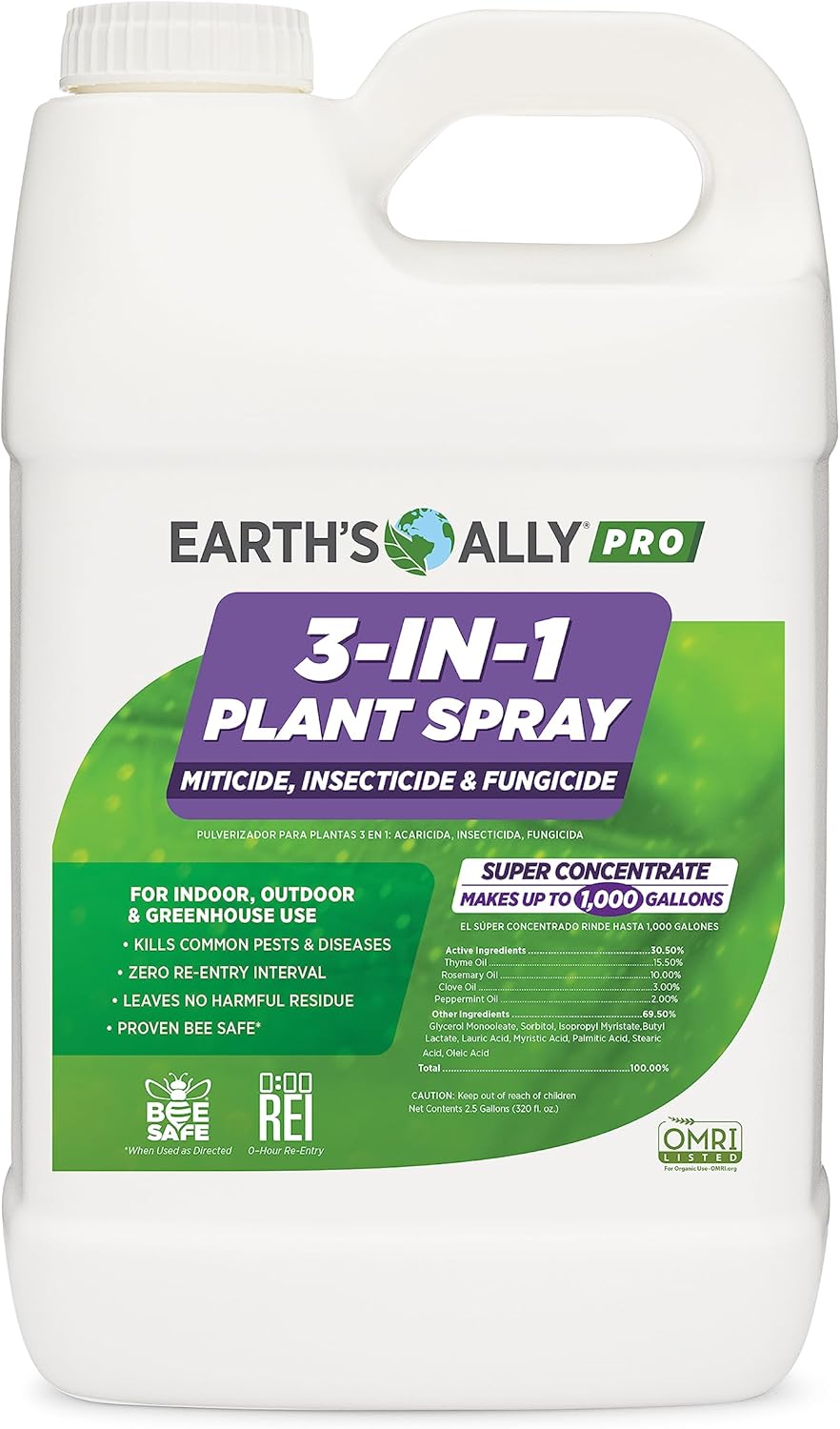 Earth's Ally 3-in-1 Plant Spray 2.5 Gal Concentrate for Pests and Disease - Organic Insecticide, Fungicide, Miticide - OMRI Listed for Indoor Houseplants and Outdoor Garden - Safe for Bees, Kids, Pets