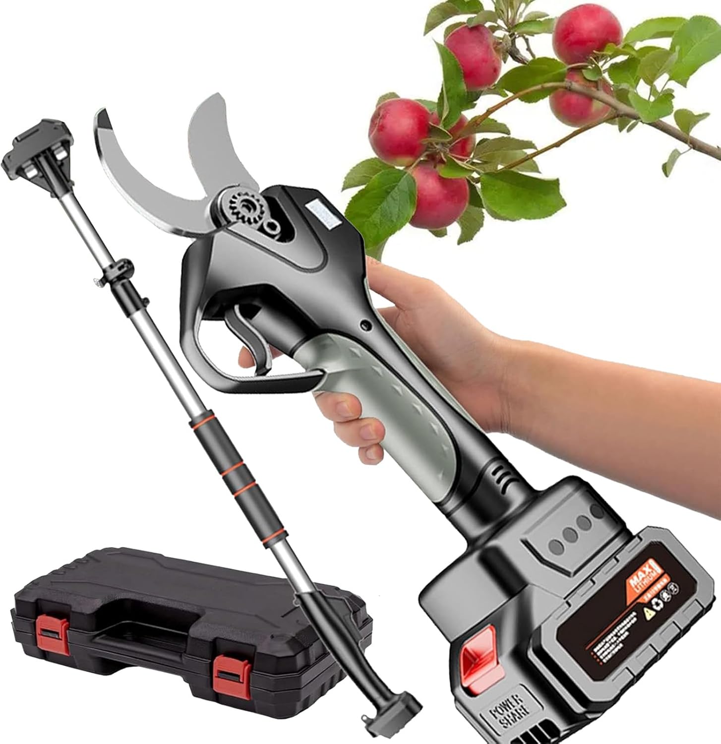 Electric Pruning Shears, 50mm Cordless Garden Secateur, Long Reach Pruner Branch Scissors with 2.1m Telescopic Pole & LCD Display Screen,2 Battery