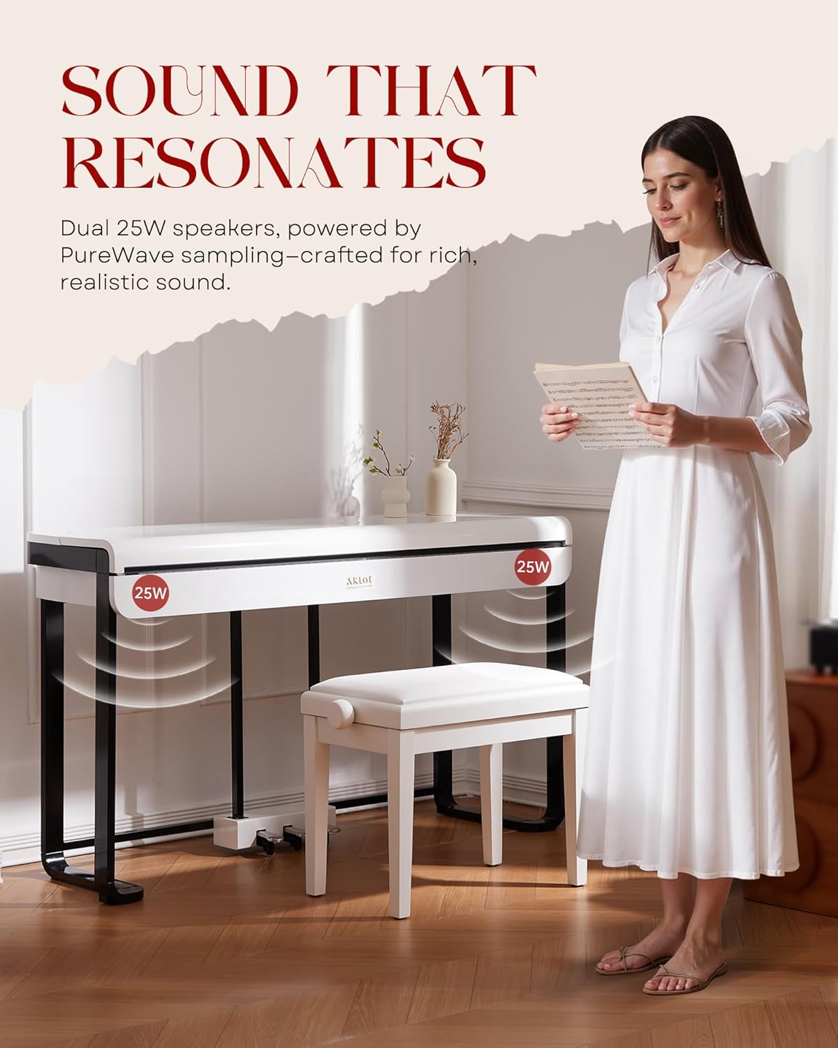 AKLOT Modern Weighted Keyboard Piano: 88-Key Graded Hammer Action Digital Piano, ​Silent Soft-Fall Cover, Triple Pedal, MIDI, Headphone, Beginner Lesson Book, High-Gloss Pearl White Finish (AUR-LS03)