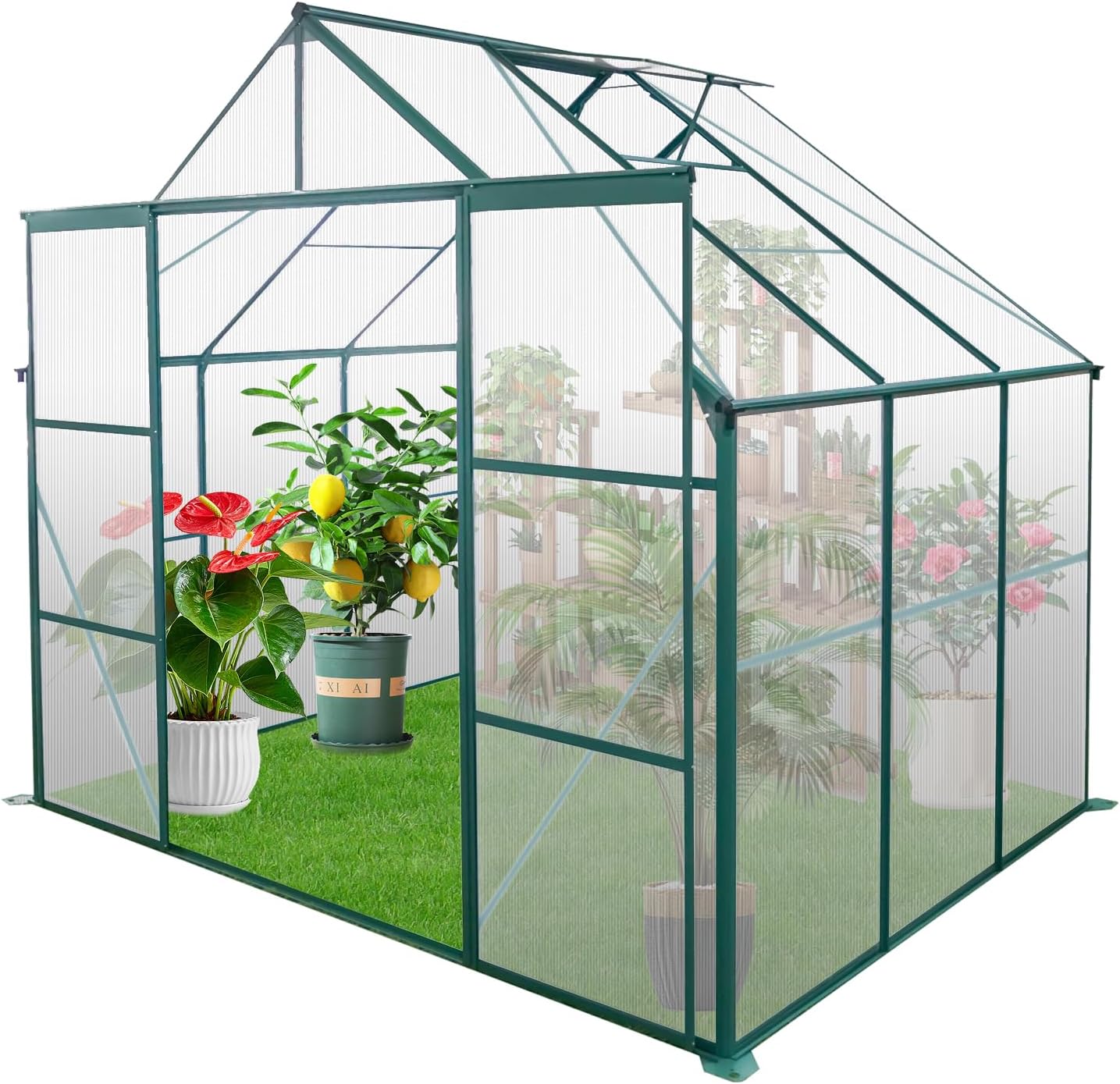 8X6 FT Greenhouse for Outdoors, Polycarbonate Green House with Double Doors and Roof Vent, Aluminum Frame Heavy Duty Walk-in Greenhouse for Outside Garden Backyard
