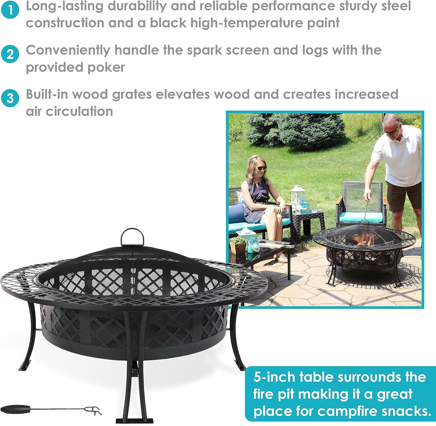 Sunnydaze 40-Inch Round Steel Fire Pit Table with Durable Spark Screen and Poker - Portable Design - Black - Diamond Weave