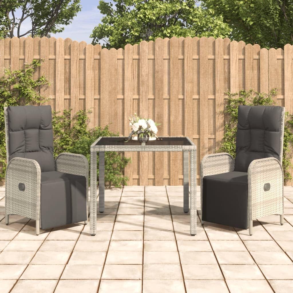 3 Piece Patio Dining Set with Cushions Gray Poly Rattan,Modern Patio Dining Set: Reclining Chairs with Tempered Glass Table in Gray Furniture Sets for Patio, Lawn & Garden