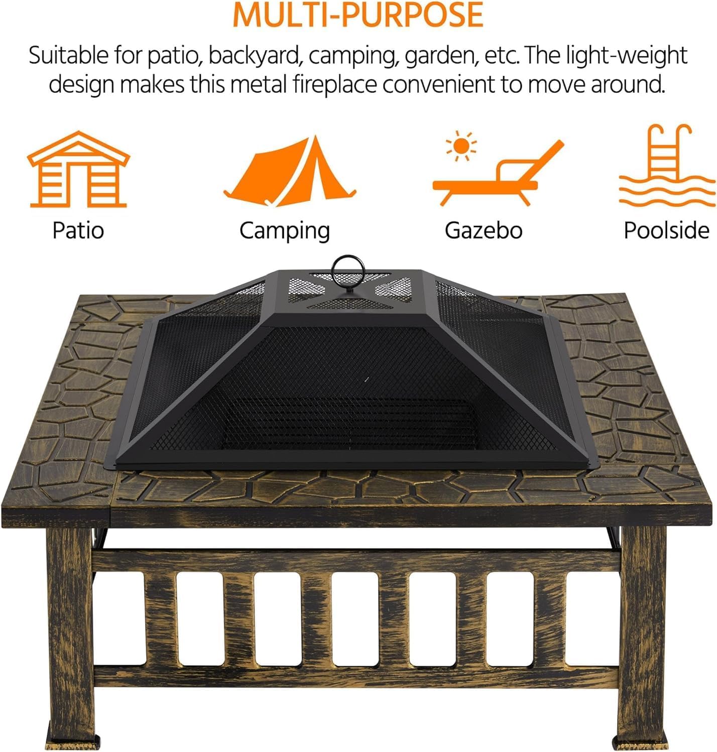 34in Fire Pit Table Outdoor Fire Pits Square Steel Stove with Mesh Screen, Waterproof Cover & Poker for Outside Patio Bonfire Camping (Bronze)