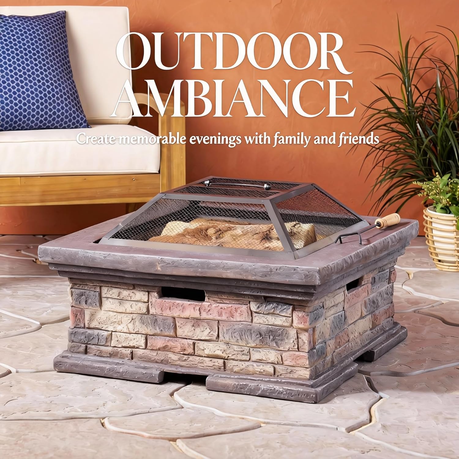 29 Inch Fire Pits for Outside Wood Burning, MGO Square Firepits for Outside, Wood Burning Fire Pit for Camping, Garden, Backyard, Bonfire Party, Stone Gray