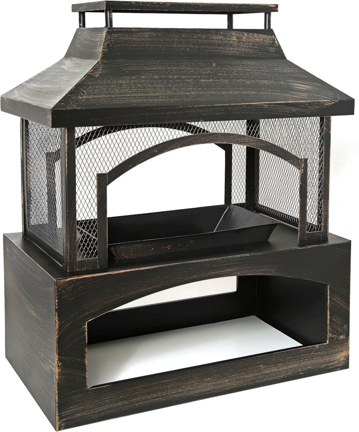 37-Inch Rectangular Metal Outdoor Wood-Burning Fireplace with Built-in Log Storage & Brushed Bronze Finish - Ideal for Patio & Backyard