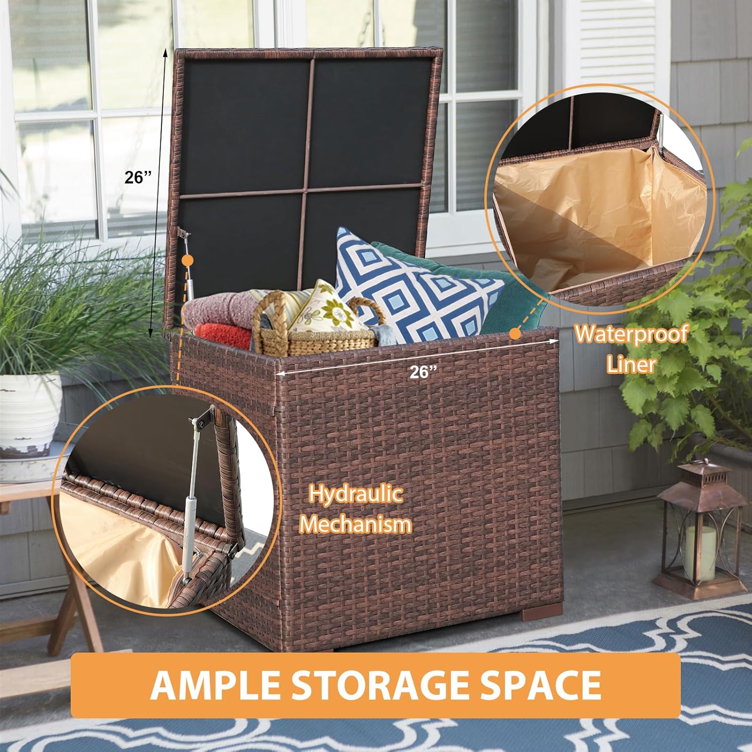 Super Patio 8 Pieces Outdoor Patio Furniture Set with 45” Fire Pit Table, Rattan Patio Conversation Sets with 50000 BTU Gas Fire Pit, Wicker Sectional Sofa Set with Storage Box, Brown(Without Table)