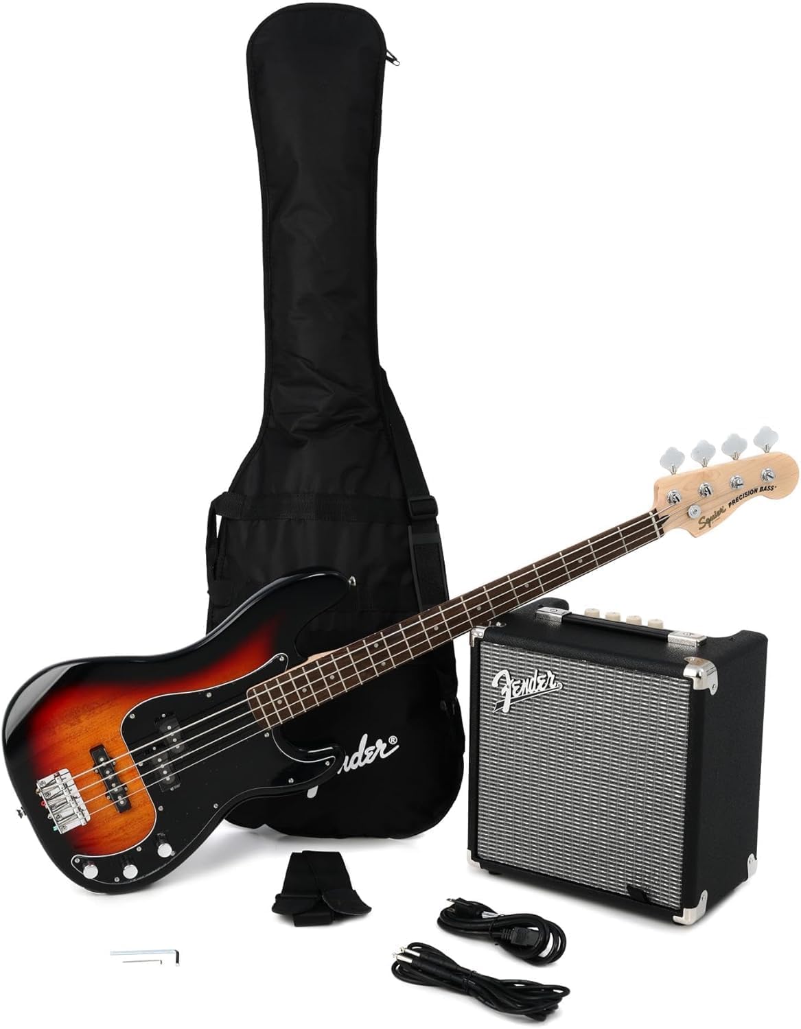 Squier Affinity Series Precision Bass Pack, 3-Color Sunburst, Laurel Fingerboard, with Gig Bag and Rumble 15 Amp