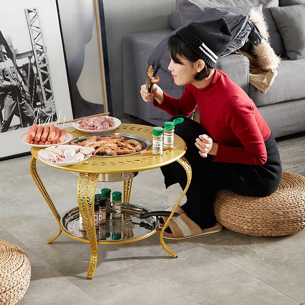 Indoor Charcoal fire Pit Charcoal Stove Home Stove Heating Outdoor Barbecue Grill smokeless Charcoal Stove,for Indoor, Living Room and Outdoor use (Color : Gold, Size : 62x45cm)