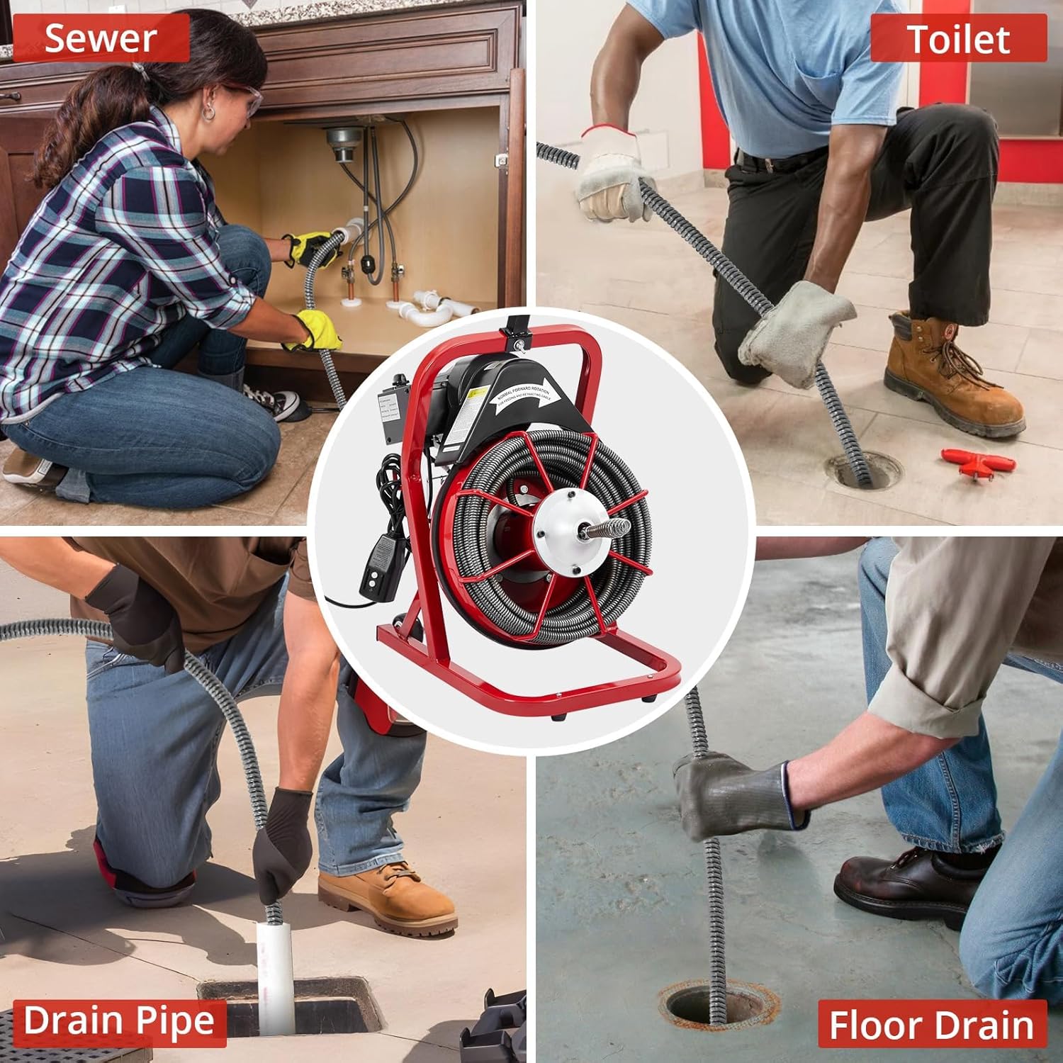 Efficient Drain Cleaning Electric Drain Auger for Fast Sewer Machine 75FT x 1/2Inch Reach, Air-Activated Foot Switch, Drain Machine 4 Cutter Blades, and Protective Gloves.