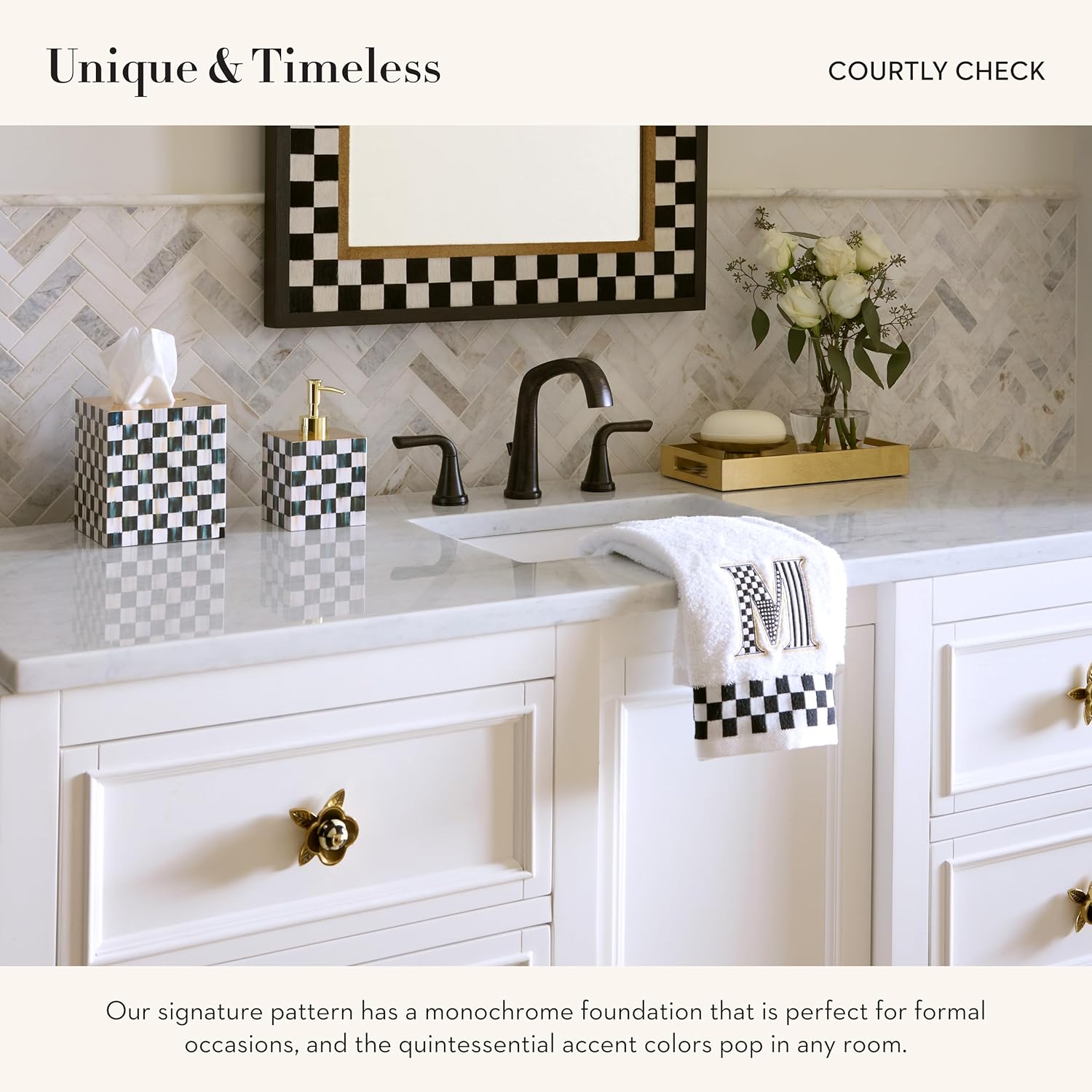 MACKENZIE-CHILDS Boutique Square Tissue-Box Cover, Tissue Holder for Home Decor, Black-and-White Courtly Check Lacquer