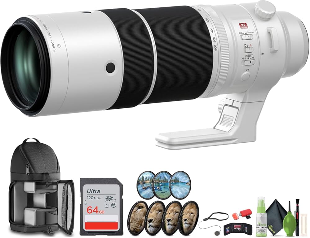 FUJIFILM XF 150-600mm f/5.6-8 R LM OIS WR Super-Telephoto Lens Bundle with 64GB Extreme PRO UHS-I SDXC Memory Card + Professional 3 PC Filter Kit 82mm + Closeup 82mm 4pc (1 +2 +4 +10) + More