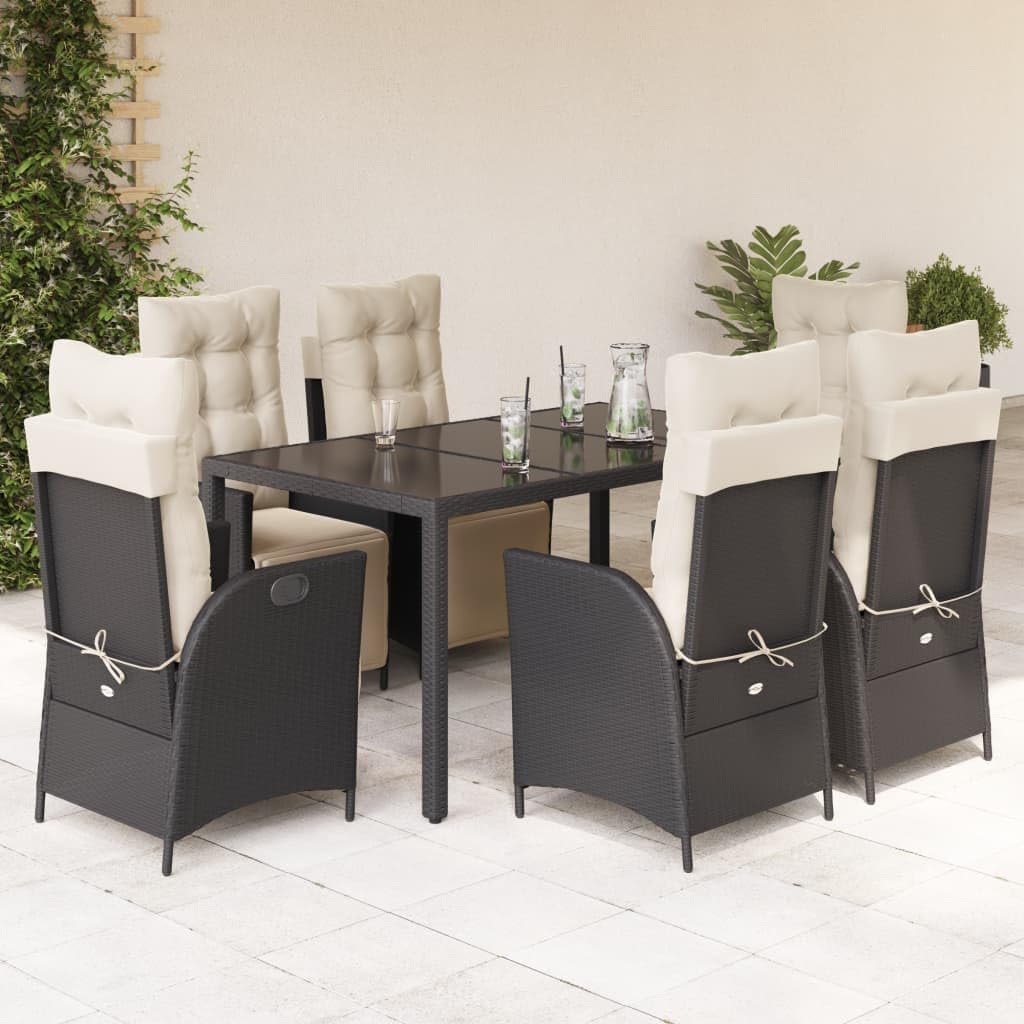 7 Piece Patio Dining Set with Cushions Black Poly Rattan,Comfortable Outdoor Garden Patio Dining Set Adjustable Rattan Chairs with Cushions Furniture Sets for Patio, Lawn & Garden