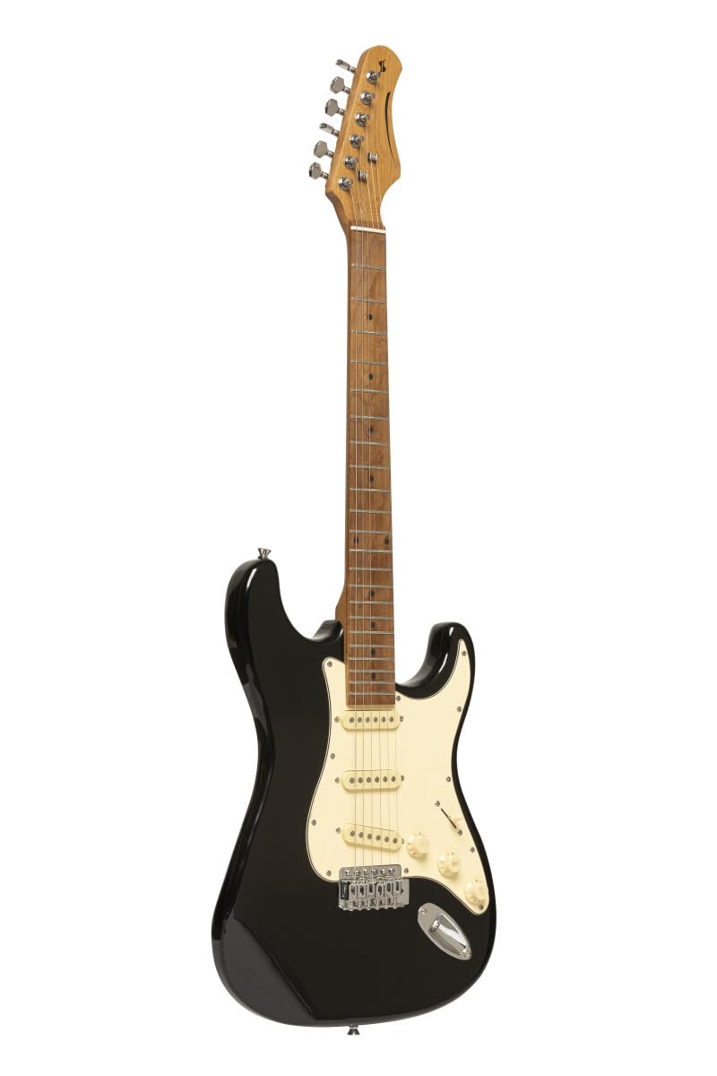 Stagg SES-55 BLK Series 55 Electric Guitar with Solid Paulownia Body l Tempered Maple Neck l 22 Fret Maple Fingerboard l Aged White 3-Ply Pickguard l Brilliant Black Finish