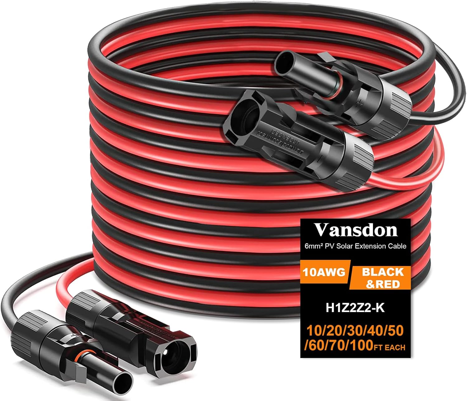 2x60 Feet Solar Panel Extension Cable, 10AWG Solar Cable, Solar Panel Cable with Female and Male Waterproof Connectors for RV, Photovoltaic Systems (60FT Red + 60FT Black)