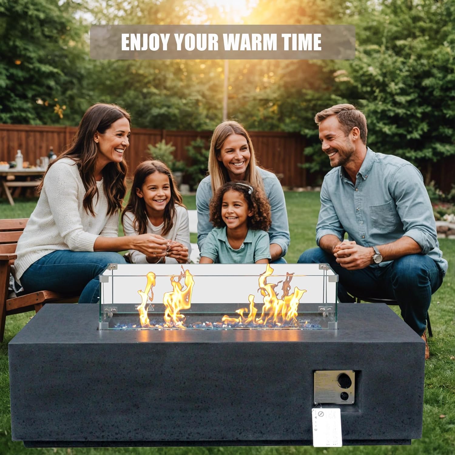 52 Inch Outdoor Propane Fire Pit Table & 20 LB Concrete Propane Tank Cover, 65,000 BTU Rectangle Fire Pit, Free Lava Rocks, Side Table Storage with Handles for Patio Garden Backyard, Dark Gray