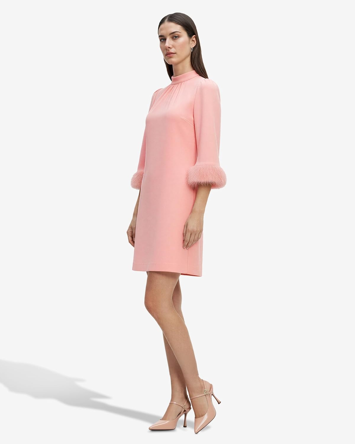 Anne Klein Womens Long Sleeve Feather Trim Shift Dress