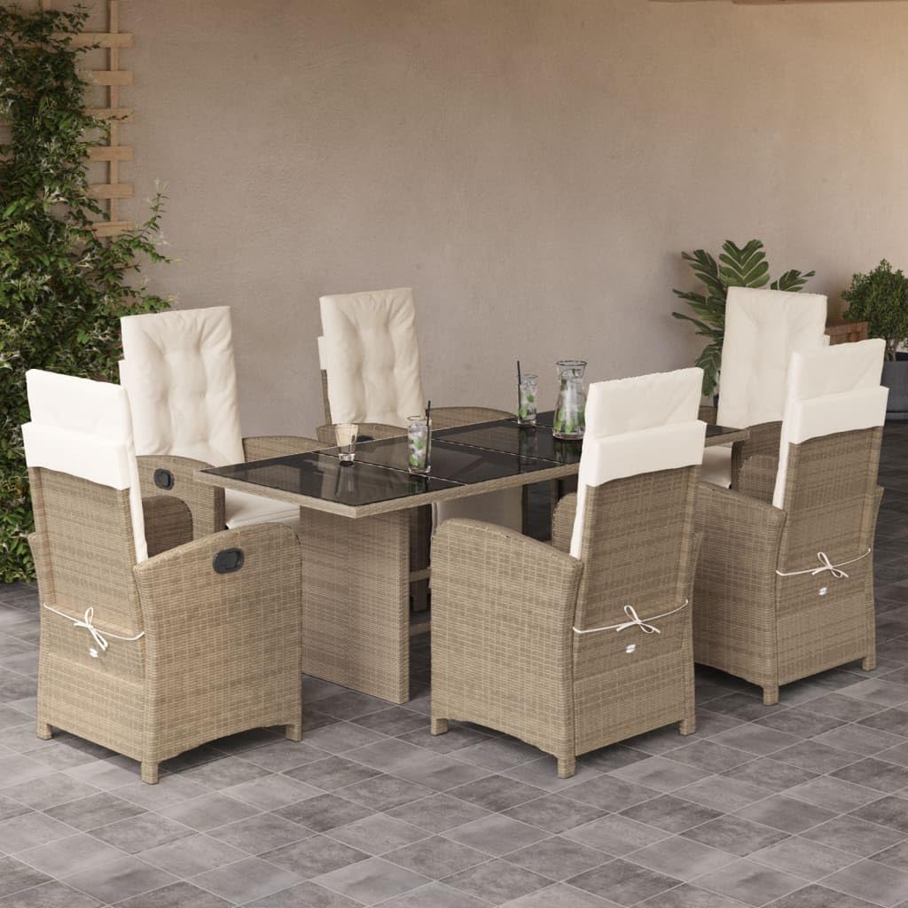 7 Piece Patio Dining Set with Cushions Beige Poly Rattan,Comfortable Patio Dining Set with Reclining Garden Chairs and Adjustable Backrest Patio Furniture Sets, Outdoor Furniture Sets