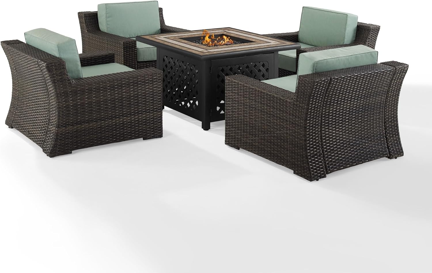 Furniture Beaufort Beaufort 5-Piece Wicker Outdoor Chair Patio Furniture Set with Propane Gas Fire Pit Table, Brown with Mist Cushions