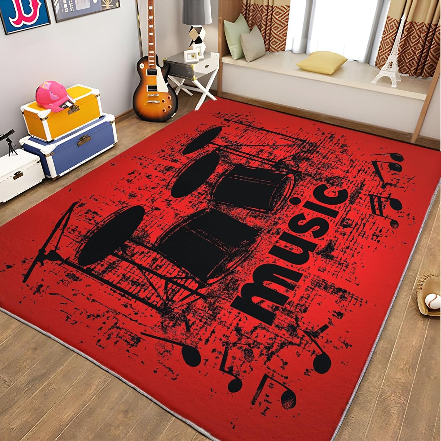 Machine Washable Rug 4x6 ft Washable Area Rugs Red Musical Note Drum Wheel Non Slip Carpets for Living Room Bedroom, Low Pile Stain Resistant Carpet, for Nursery Office Home Decor