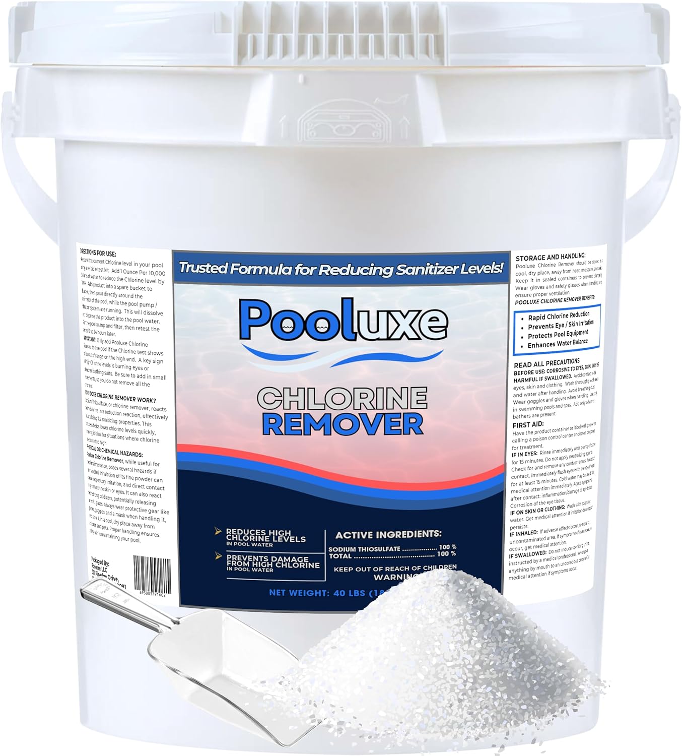 Chlorine Remover & Neutralizer - Fast Acting Chlorine Reducer for Swimming Pools & Spas - Sodium Thiosulfate Formula - Lowers Sanitizer Levels Quickly for Safe Water (40 Pounds)