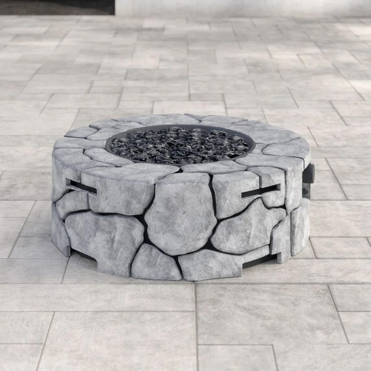 Concrete Fire Pit Table Round Stone-Look Propane Outdoor Heater for Patio Smokeless Firepits for Outside with Lava Rocks Push-Button Ignition Backyard Deck Garden