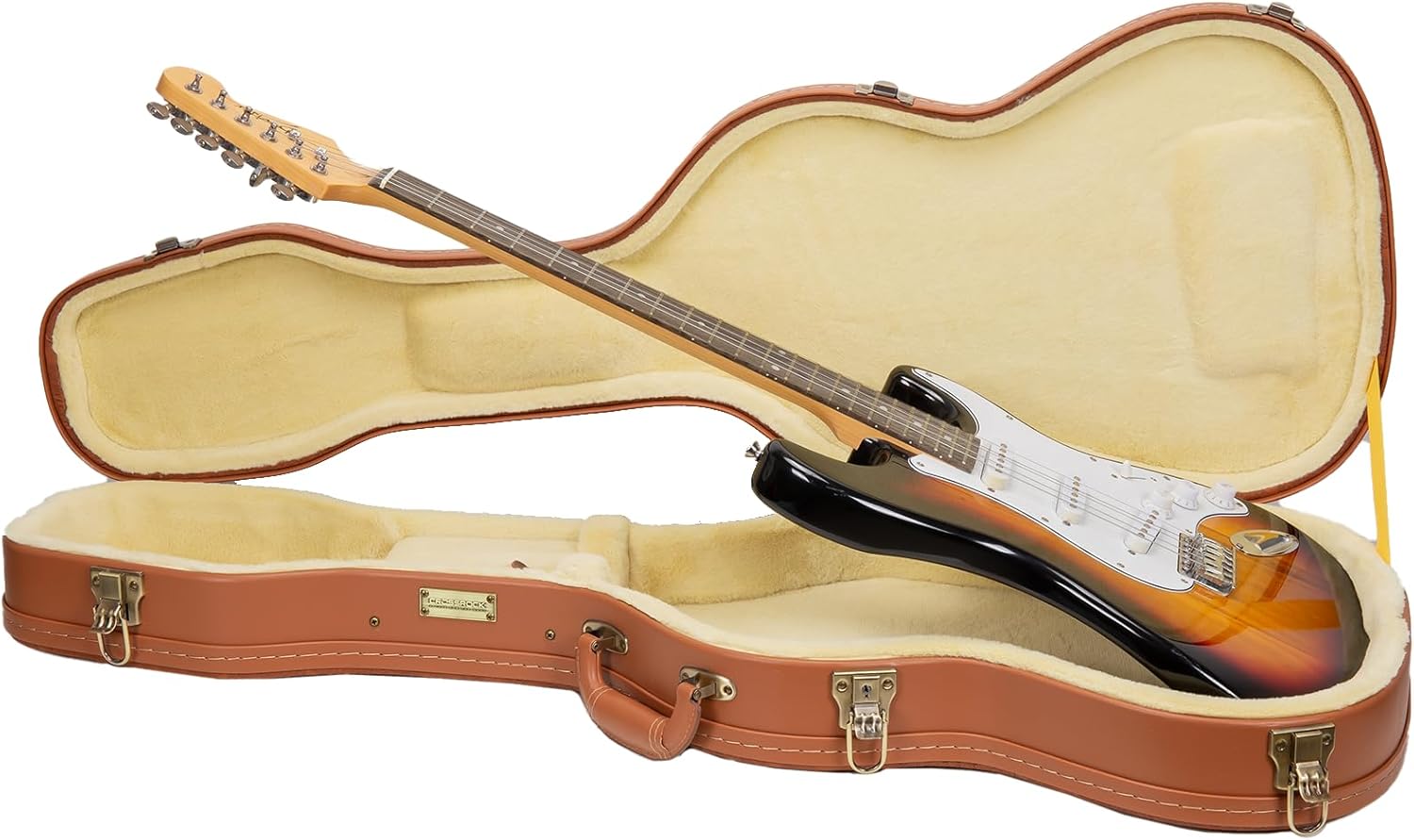 Crossrock Relief Series Electric Guitar Case for Telecaster & Stratocaster Style | Carved Red Wood Finish, Ivory Plush Interior, Lock (CRW630STRO)