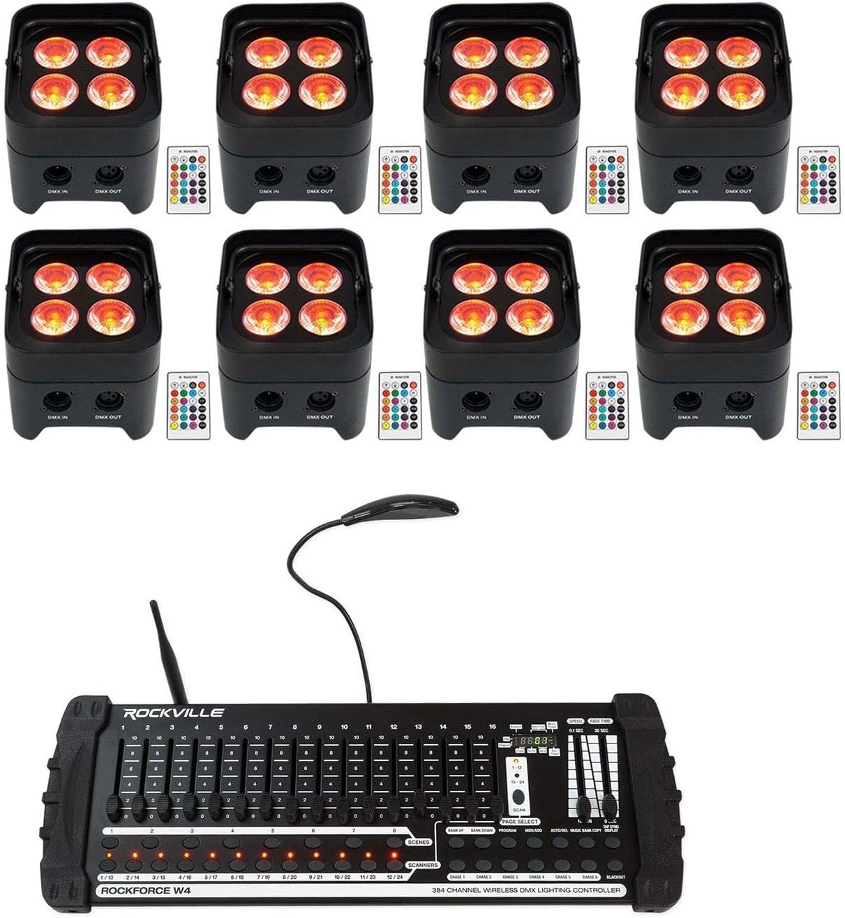 Rockville Best PAR 50 Bundle: (8) Rechargeable par can wash Lights with Wireless DMX RGBWA UV, ROCKFORCE W4 384 Channel DMX Lighting Controller with MIDI, 9-Items