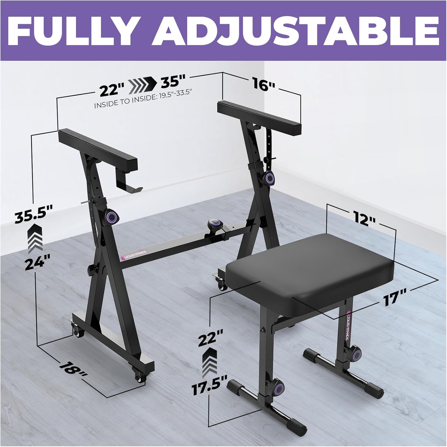 Liquid Stands Piano Keyboard Stand and Bench Set - Portable Heavy Duty Music Stand for 54-88 Key Electric Pianos & Adjustable Piano Bench, Stool - Sturdy Keyboard Music Accessories w/ Wheels and Seat