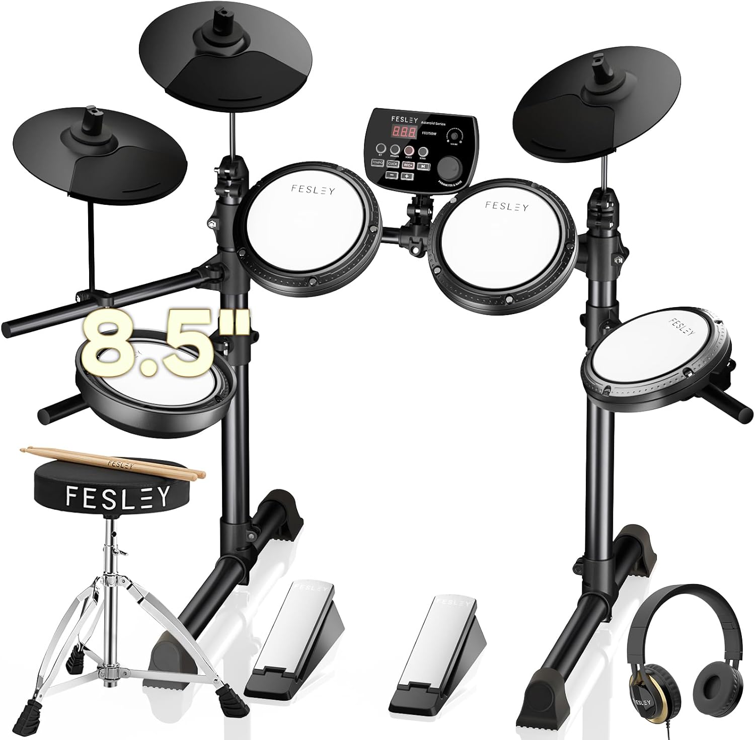 Fesley FED150W Electric Drum Set: Dual Zone Snare Drum,2 Cymbals w/Choke, 200 Sounds, 4 Quiet Mesh Drum Pads, Portable Electronic Drum Kit for Beginner, Bluetooth, MIDI, Throne, Headphone, Sticks