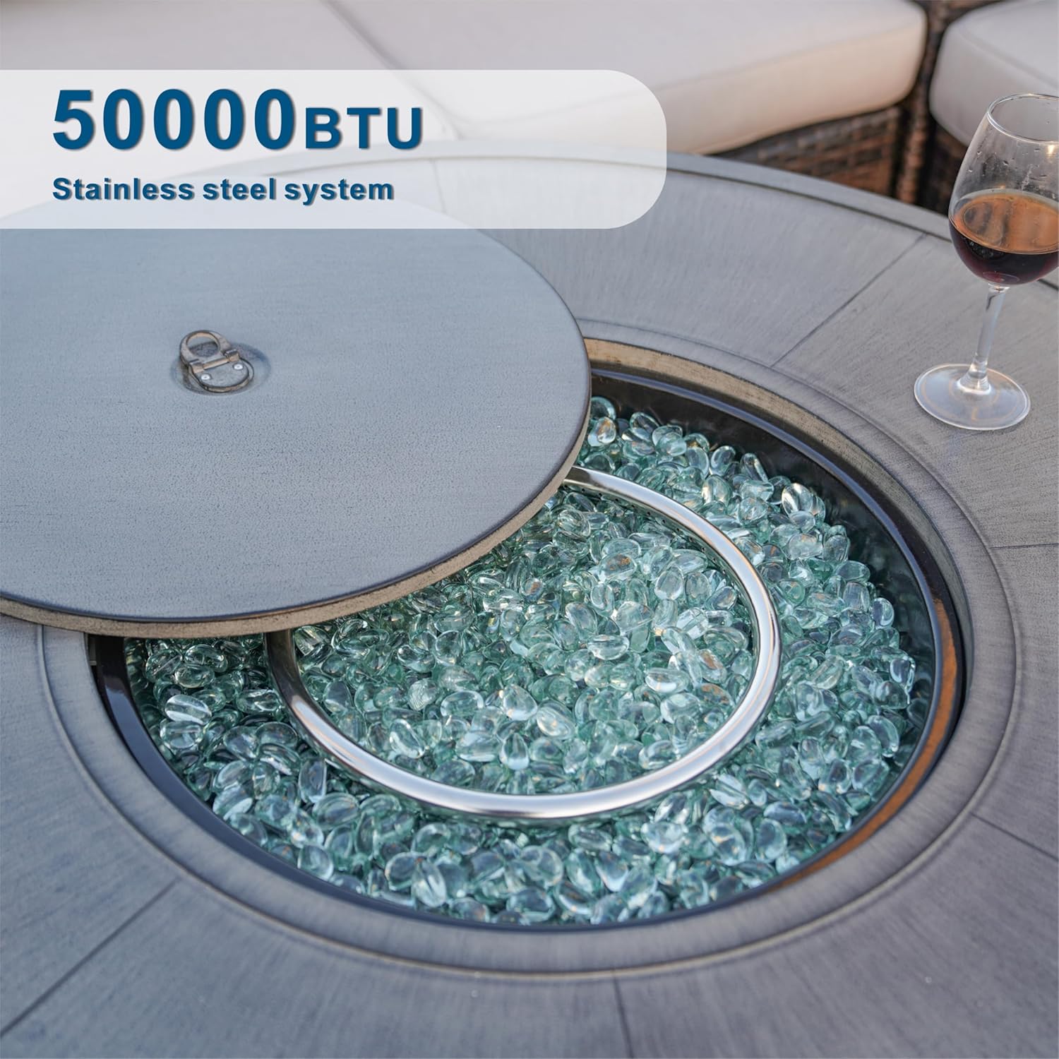 42-Inch Round Gas Fire Pit Table, Aluminum Top with Rattan Base for Outside Patio Backyard Deck Balcony (Grey)