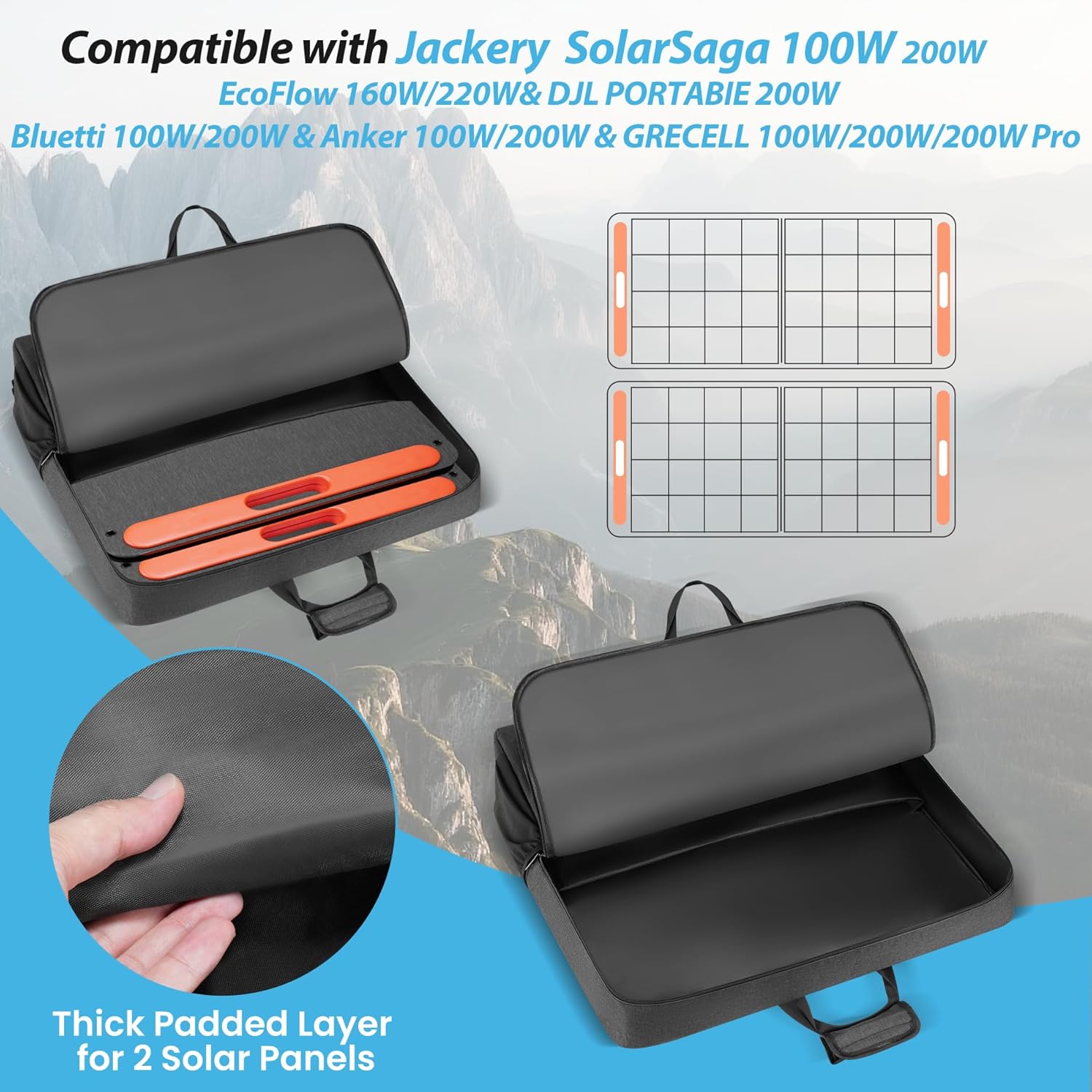 Solar Panel Storage Bag Compatible with Jackery SolarSaga 100W 200W/Anker 100W 200W/Ecoflow 160W 220W/Bluetti 100W 200W, Travel Carrying Case for 2 Battery Panels, Solar Panel Bag with Multiple Pocket