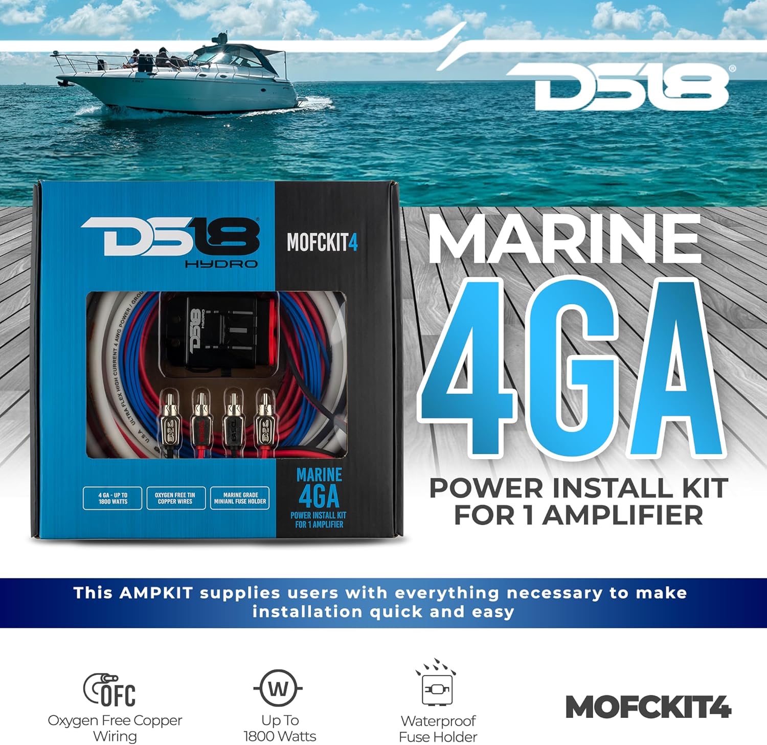 DS18 Hydro MOFCKIT4 4 Gauge Marine Tinned Amplifier Installation Wiring Kit – Up to 1800 Watts, OFC 100% Cooper