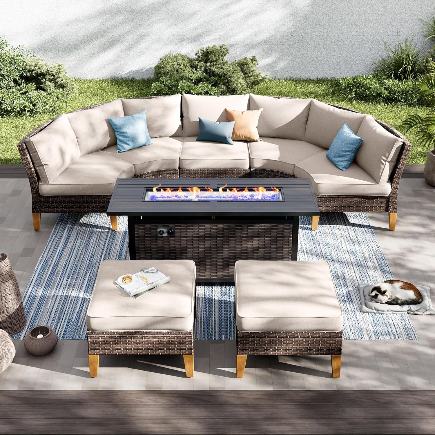 PHI VILLA 6-Piece Wicker Patio Furniture Set with Fire Pit Table, Outdoor Half-Moon Curved Sectional Sofa with Cushions, 56” Gas Fire Pit Table and Ottomans, Beige