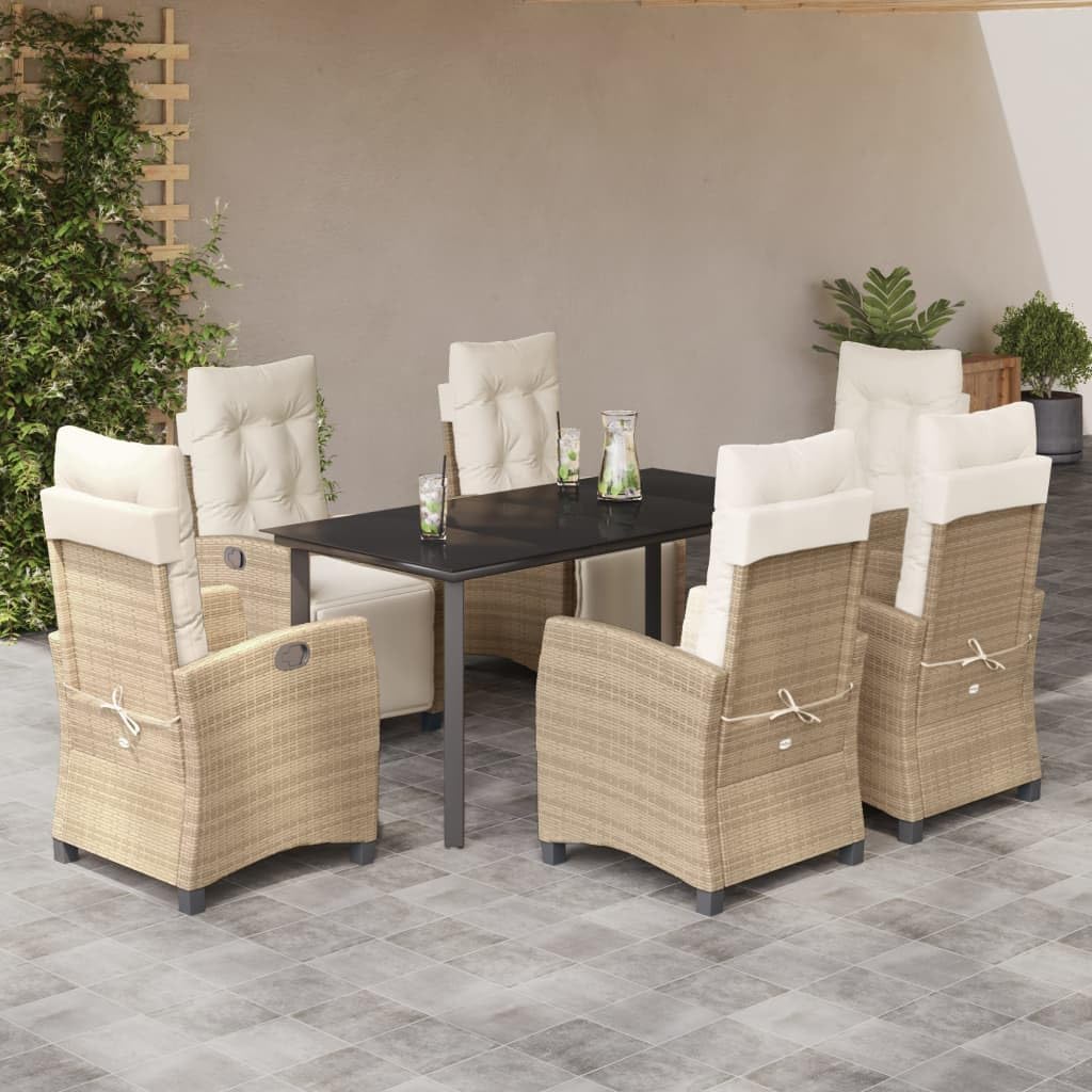 7 Piece Patio Dining Set with Cushions Beige Poly Rattan,Elegant Garden Dining Set with Adjustable Backrest and Footrest for Relaxing and Dining in Outdoor Areas Furniture Sets for Patio, Lawn & Garde