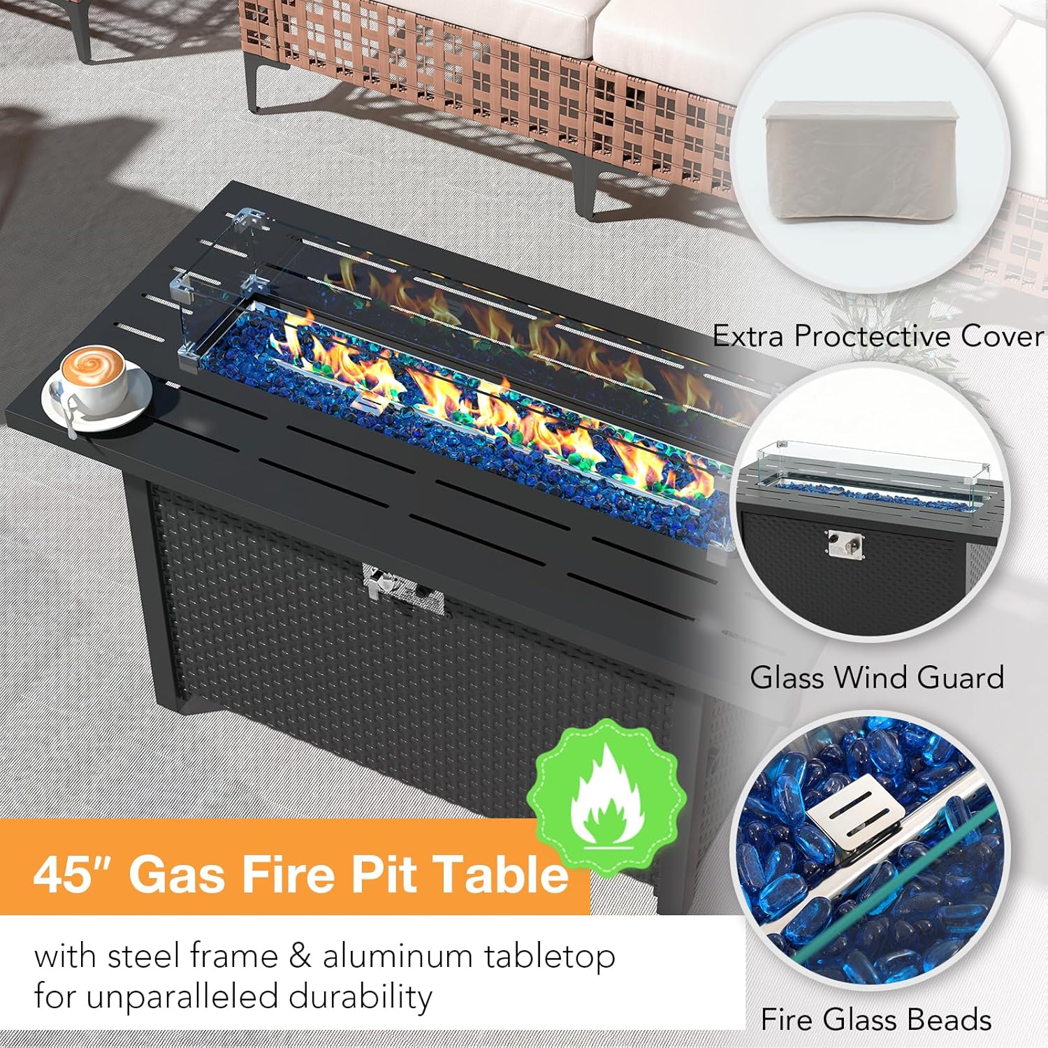 Patiorama 8 Piece Wicker Patio Furniture Set with 45” Fire Pit Table,Natural-Colored PE Rattan Outdoor Sectional Sofa, 50000 BTU Propane Fire Pit w/Wind Guard,Cover,Water Resistant Cushion-White