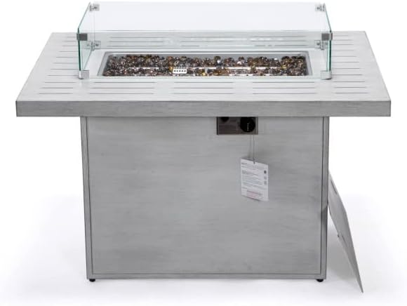 LeisureMod Chelsea Propane Fire Pit 44 Inch 55,000 BTU Auto-Ignition Gas Fire Pit Table with lid, Wind Guard and Decorative Stones Aluminum Frame (Weathered Grey)