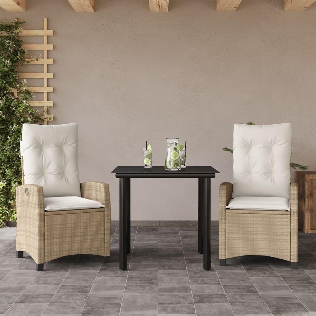 3 Piece Patio Dining Set with Cushions Beige Poly Rattan,Comfortable Adjustable Backrest Rattan Garden Dining Set with Tempered Glass Tabletop for Outdoor Patio Patio Furniture Sets, Outdoor Furniture